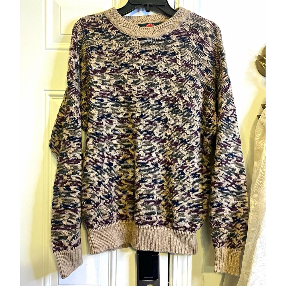 VTG 90s Stone Haven Mens L Dark Academia Raime Cotton Patterned Grandpa Sweater
